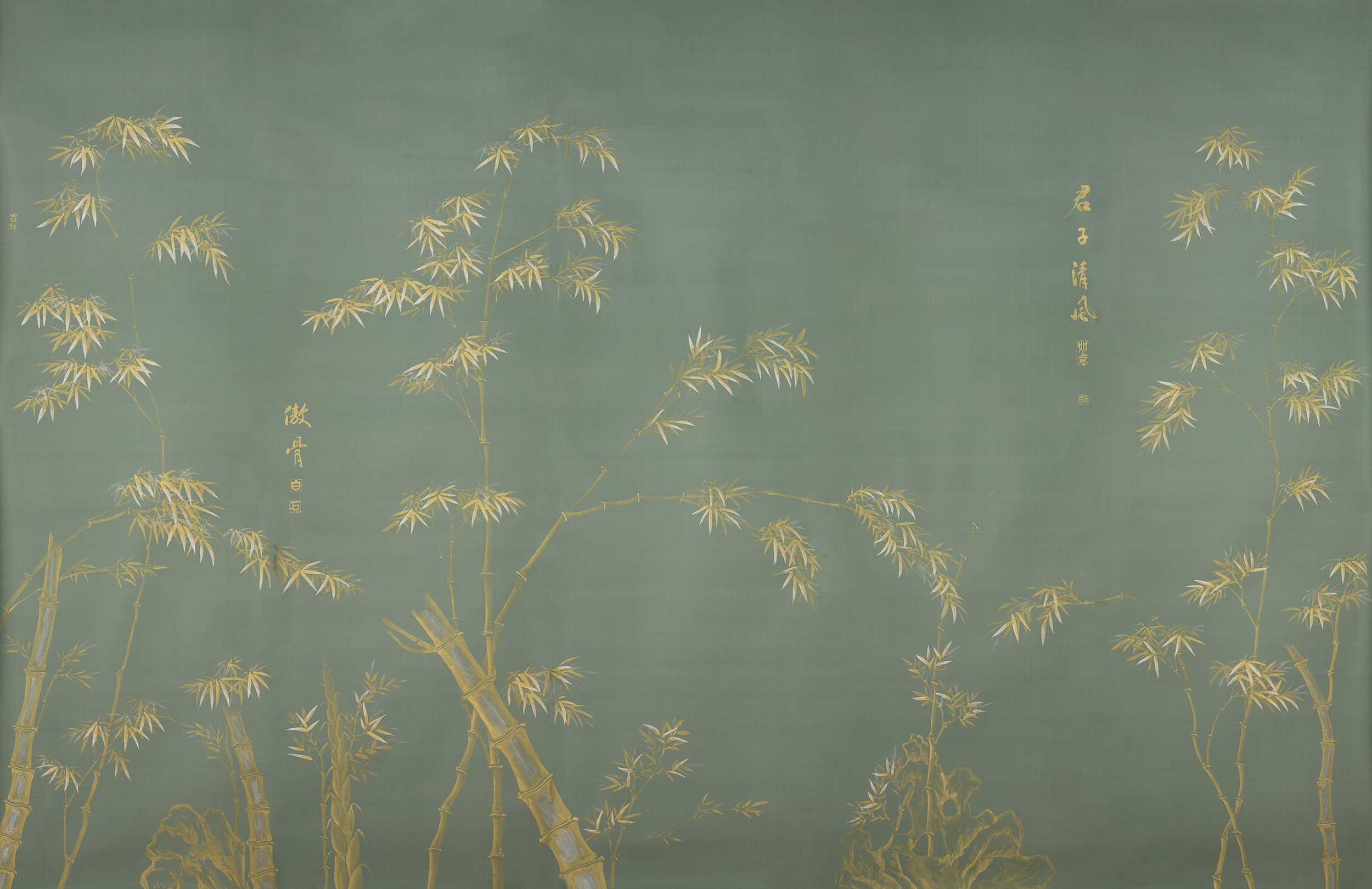 Обои ручная роспись Bamboo Golden on Blue grey dyed silk Обои ручная роспись Bamboo Golden on Blue grey dyed silk - постер Loft-Concept в Костроме