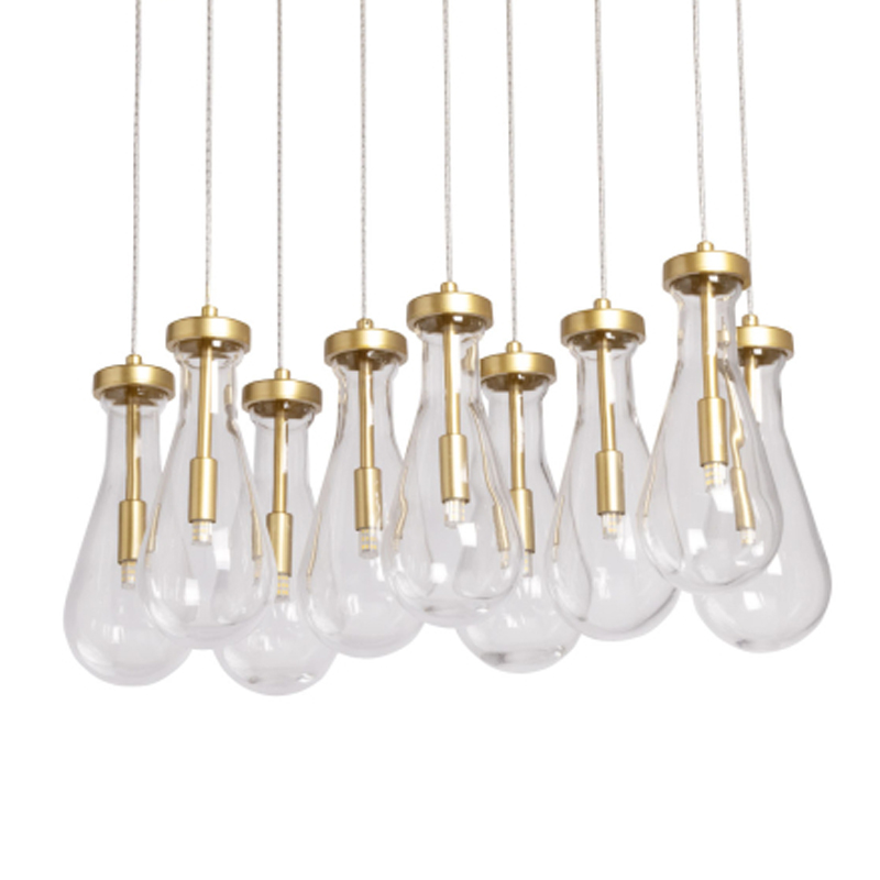Люстра с 9-ю прозрачными стеклянными плафонами в форме капли Lucid Rain  Золотой Прозрачный в Костроме | Loft Concept 