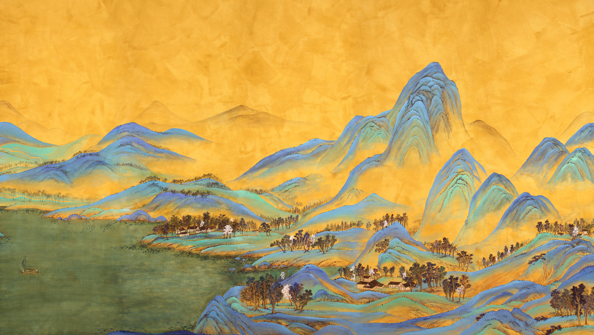Обои ручная роспись A Thousand Li of Rivers and Mountains Original colourway on brown painted Xuan paper Обои ручная роспись A Thousand Li of Rivers and Mountains Original colourway on brown painted Xuan paper - постер Loft-Concept в Костроме