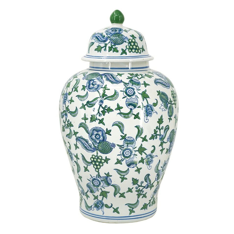 Ваза с крышкой и зелено-голубым цветочным узором на белом фоне Blue & White Ornament Белый Синий Ваза с крышкой и зелено-голубым цветочным узором на белом фоне Blue & White Ornament Белый Синий в Костроме | Loft Concept