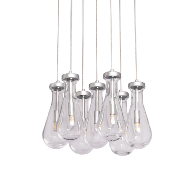 Люстра с 7-ю прозрачными плафонами из стекла в форме капли на круглом потолочном основании цвета хром Lucid Rain  Серебряный Прозрачный в Костроме | Loft Concept 