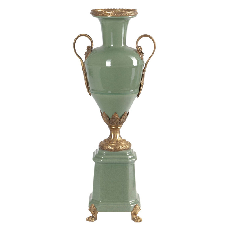 Ваза зеленого цвета из фарфора на высокой подставке с бронзовыми ручками Eden Garden porcelain and bronze Зеленый Бронза в Костроме | Loft Concept 