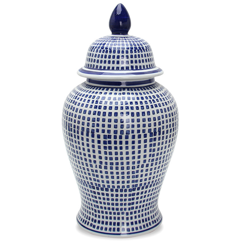 Ваза с крышкой Oriental Blue & White Square Pattern Vase Белый Синий Ваза с крышкой Oriental Blue & White Square Pattern Vase Белый Синий в Костроме | Loft Concept