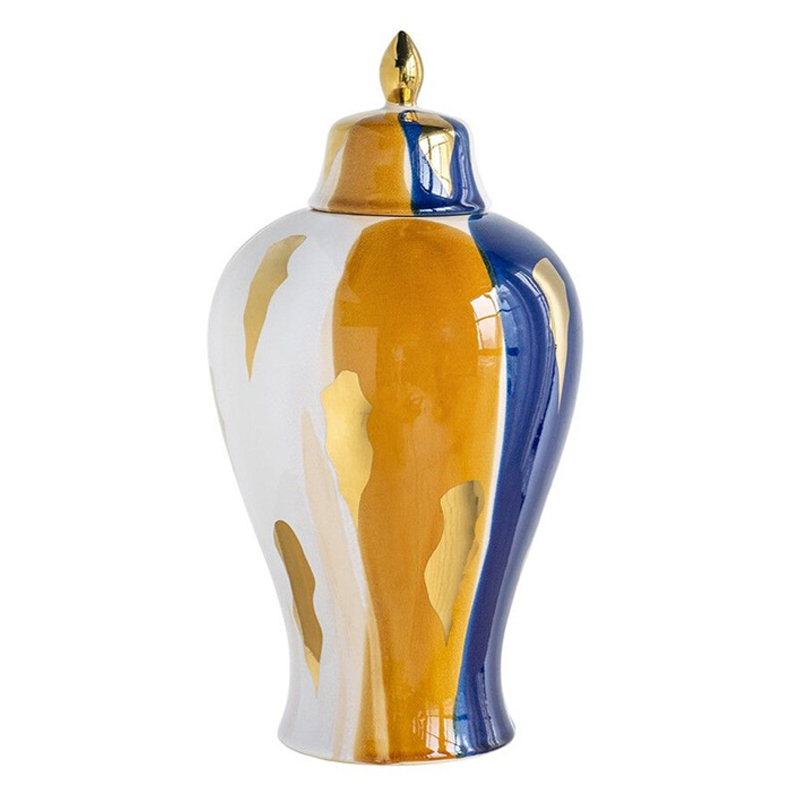 Ваза с крышкой и мазками синего и золого цвета на белом фоне Chinoiserie Ceramics Белый Оранжевый Золотой Синий Ваза с крышкой и мазками синего и золого цвета на белом фоне Chinoiserie Ceramics Белый Оранжевый Золотой Синий в Костроме | Loft Concept