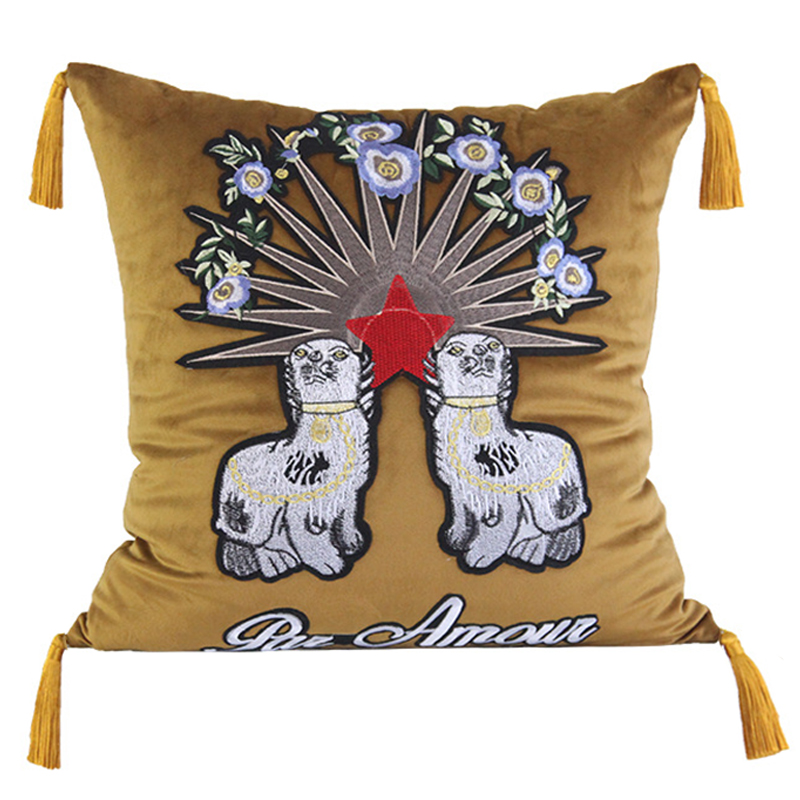 Декоративная подушка с вышивкой Стиль Gucci Two Dogs Cushion Горчичный Золотой Мульти Декоративная подушка с вышивкой Стиль Gucci Two Dogs Cushion Горчичный Золотой Мульти в Костроме | Loft Concept
