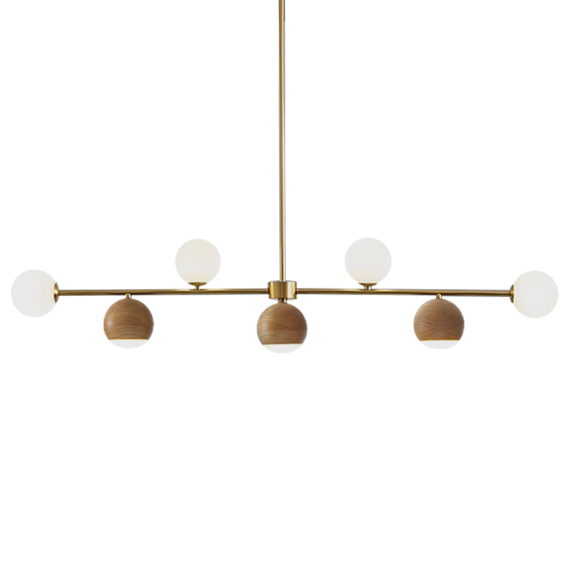 Линейная люстра Theo Metal Wooden Linear Chandelier Коричневый Латунь Белое матовое стекло Линейная люстра Theo Metal Wooden Linear Chandelier Коричневый Латунь Белое матовое стекло в Костроме | Loft Concept