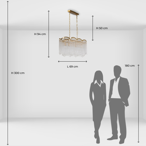 Люстра прямоугольная на цепях с прозрачными трубками и волнистым краем Nembus в Костроме
