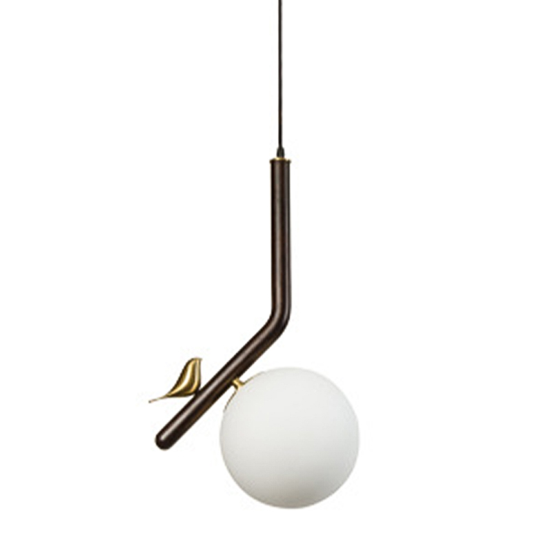 Подвесной светильник с птичкой Bird Wood Hanging Lamp Белое матовое стекло Коричневый Латунь Подвесной светильник с птичкой Bird Wood Hanging Lamp Белое матовое стекло Коричневый Латунь в Костроме | Loft Concept