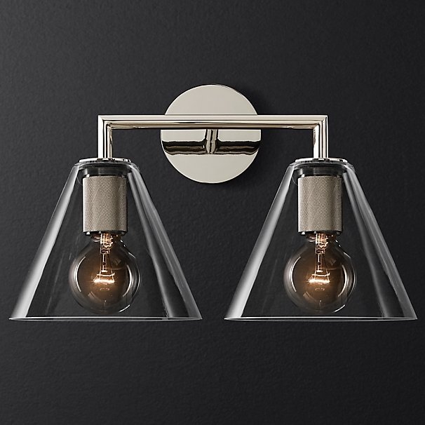 Бра RH Utilitaire Funnel Shade Double Sconce Silver Прозрачное Стекло Никель Бра RH Utilitaire Funnel Shade Double Sconce Silver Прозрачное Стекло Никель в Костроме | Loft Concept