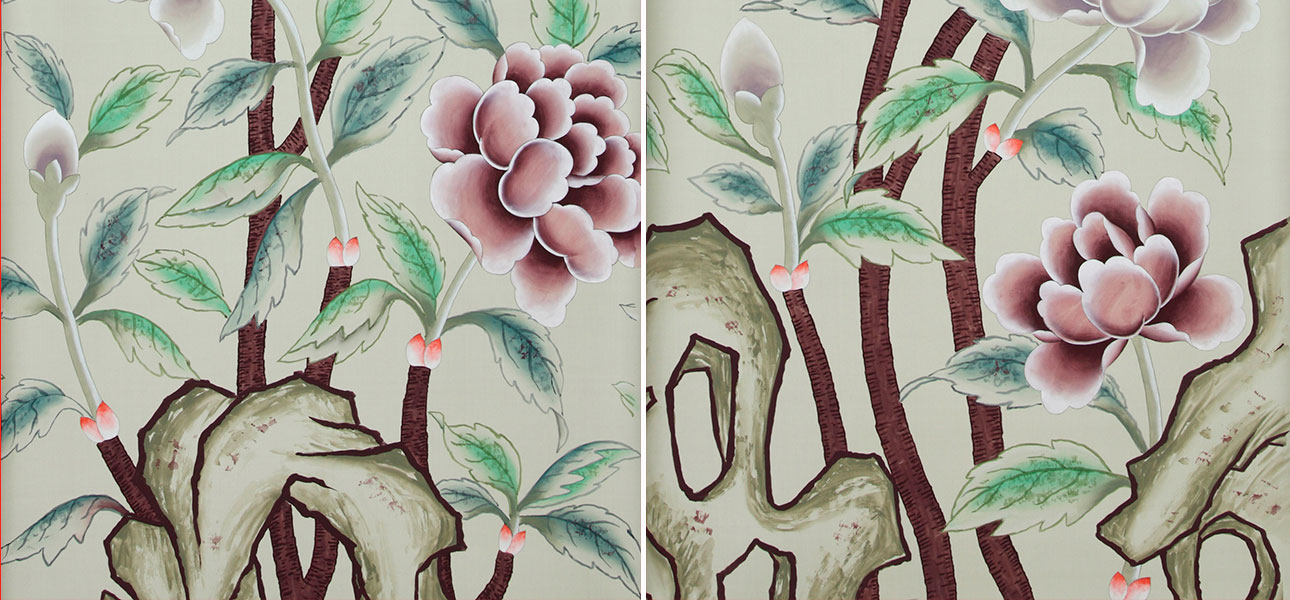 Обои ручная роспись Korean Peony Special Colourway on Icefield dyed silk - фото
