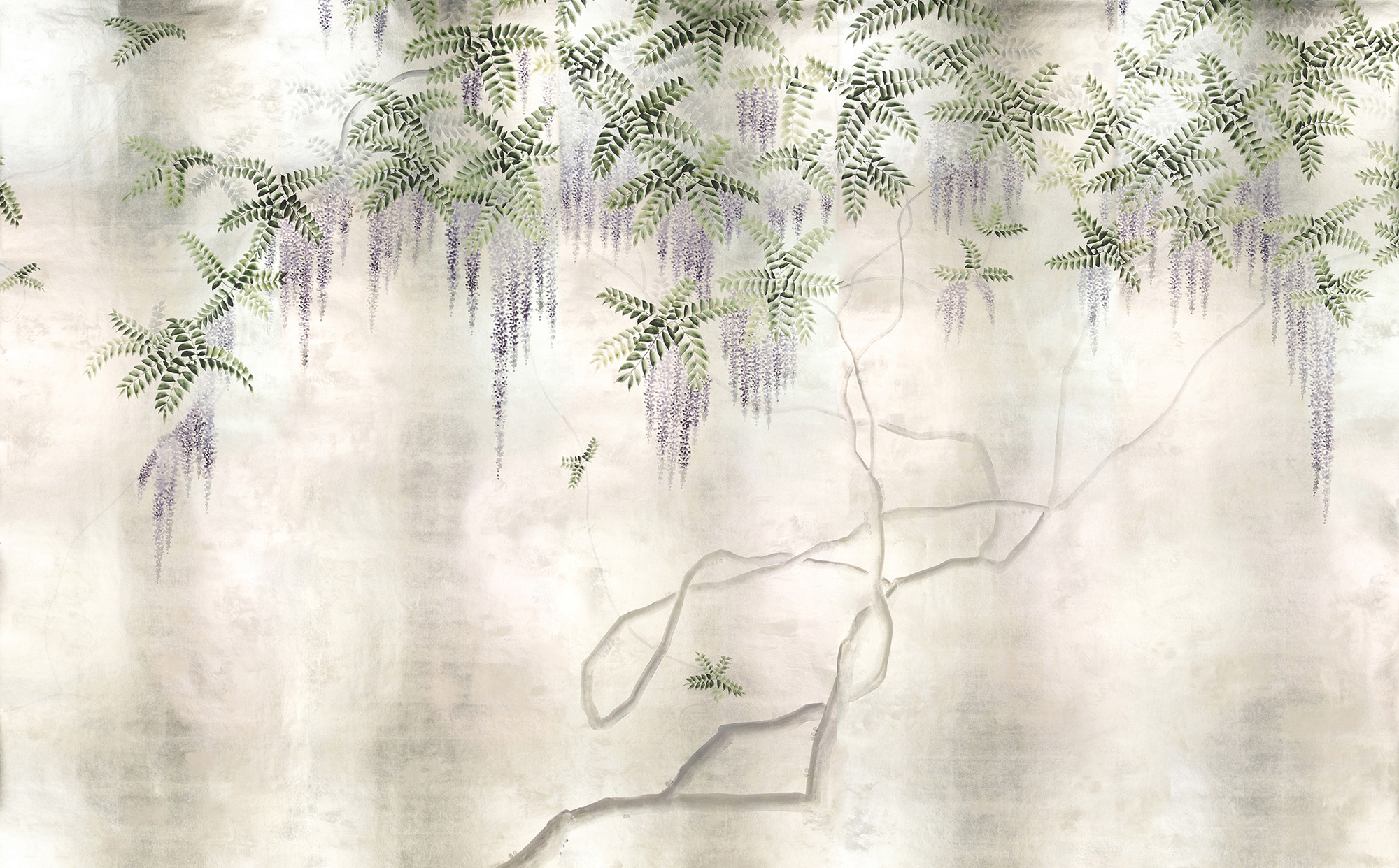 Обои в японском стиле Wisteria Lavender on White Metal gilded paper with pearlescent antiquing Обои в японском стиле Wisteria Lavender on White Metal gilded paper with pearlescent antiquing - постер Loft-Concept в Костроме