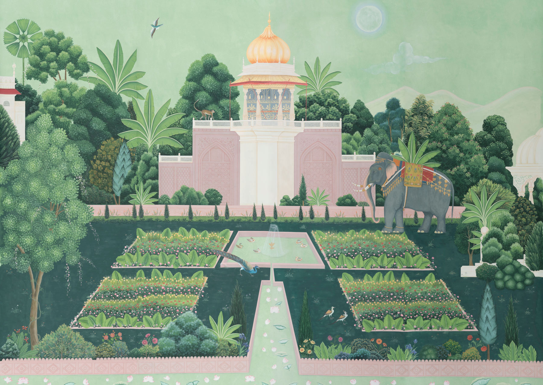 Обои ручная роспись Mahal Garden Original colourway on blue painted Xuan paper Обои ручная роспись Mahal Garden Original colourway on blue painted Xuan paper - постер Loft-Concept в Костроме