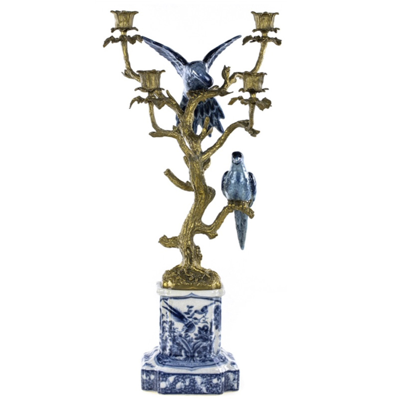 Подсвечник Blue & White Porcelain Bronze Parrots Белый Синий Бронза Подсвечник Blue & White Porcelain Bronze Parrots Белый Синий Бронза в Костроме | Loft Concept