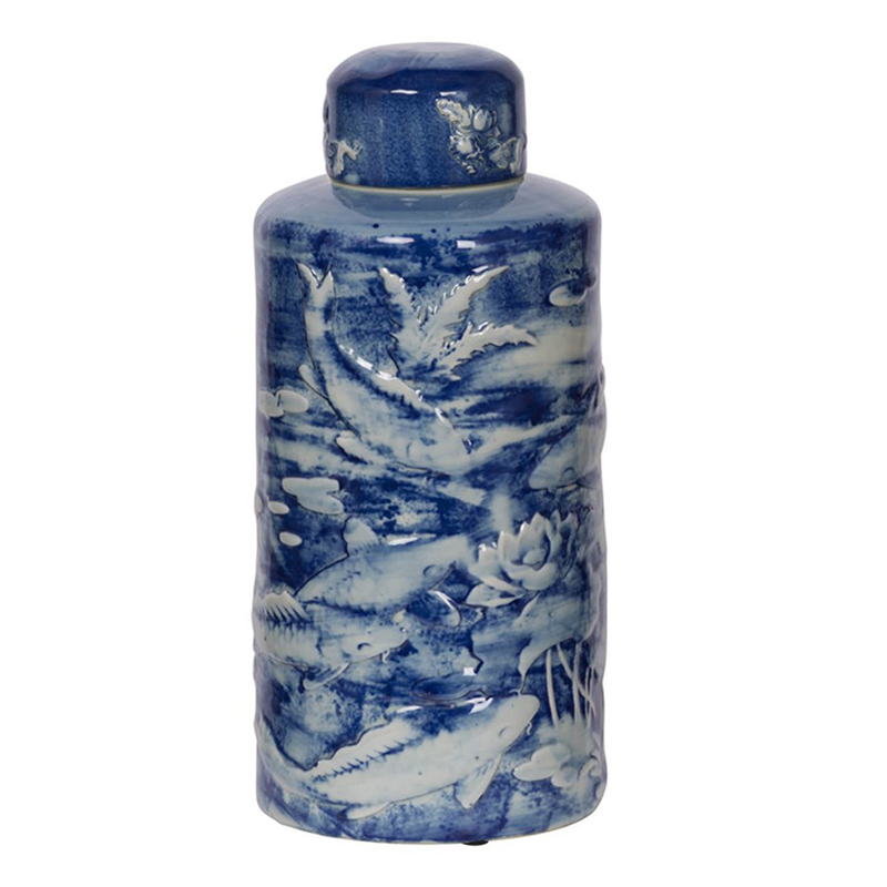 Ваза с крышкой Blue & White Fish Ornament Белый Синий Ваза с крышкой Blue & White Fish Ornament Белый Синий в Костроме | Loft Concept