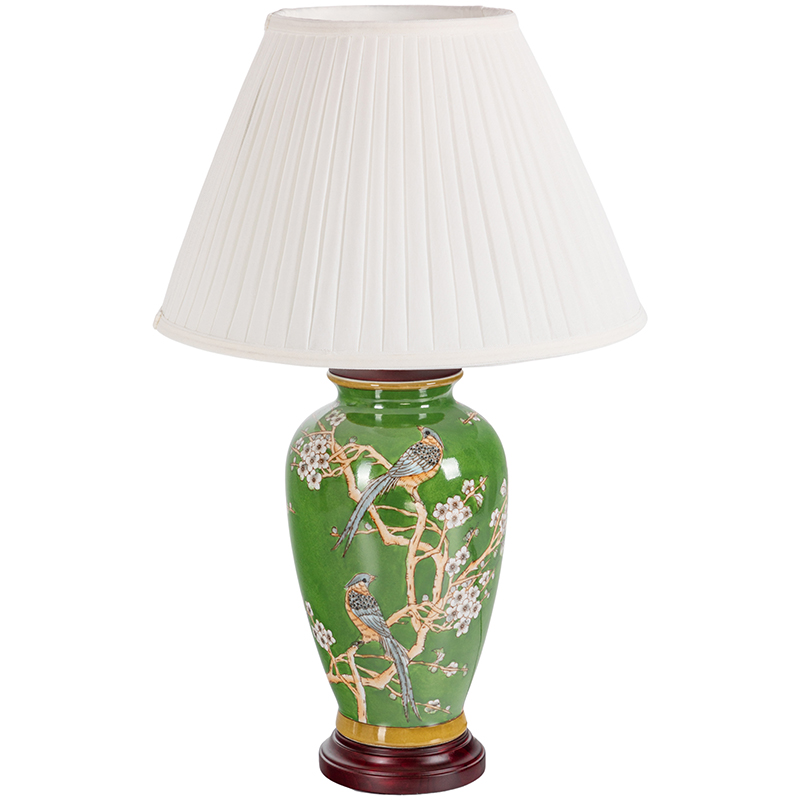 Настольная лампа с абажуром Birds Green Chinoiserie Lampshade Зеленый Белый Коричневый Настольная лампа с абажуром Birds Green Chinoiserie Lampshade Зеленый Белый Коричневый в Костроме | Loft Concept