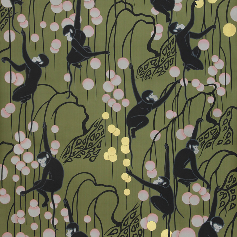 Обои ручная роспись Deco Monkeys Special Colourway on Olive dyed silk Обои ручная роспись Deco Monkeys Special Colourway on Olive dyed silk в Костроме | Loft Concept