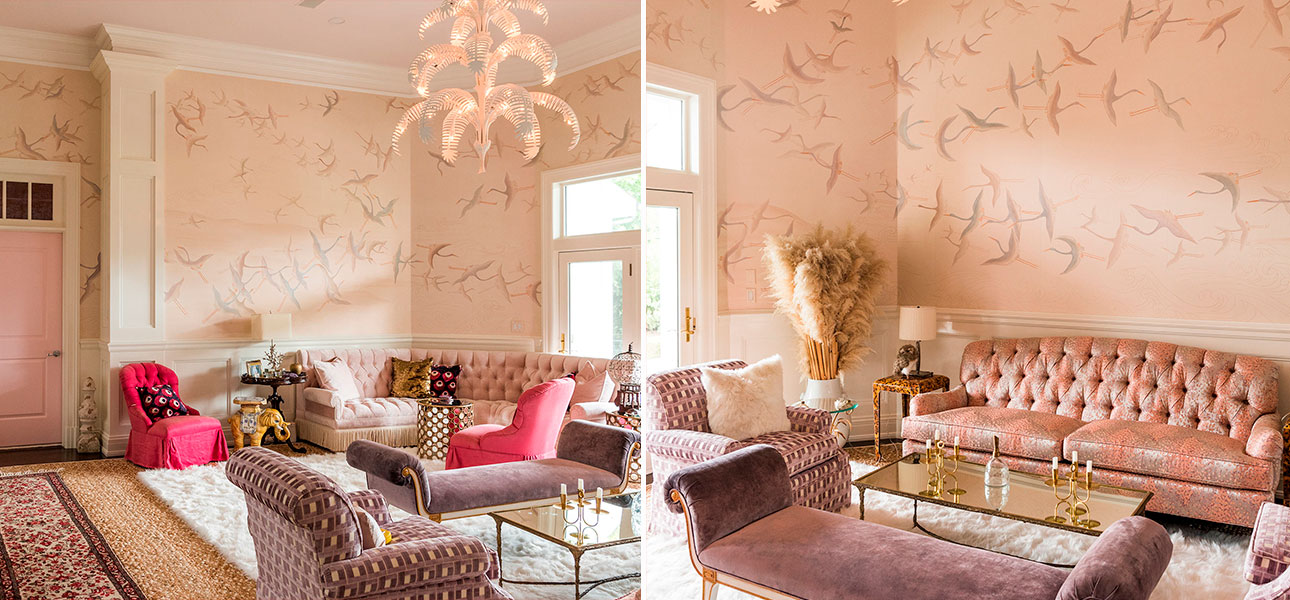 Обои ручная роспись Cranes Scroll Original colourway on Rose Shadow metallic silk - фото