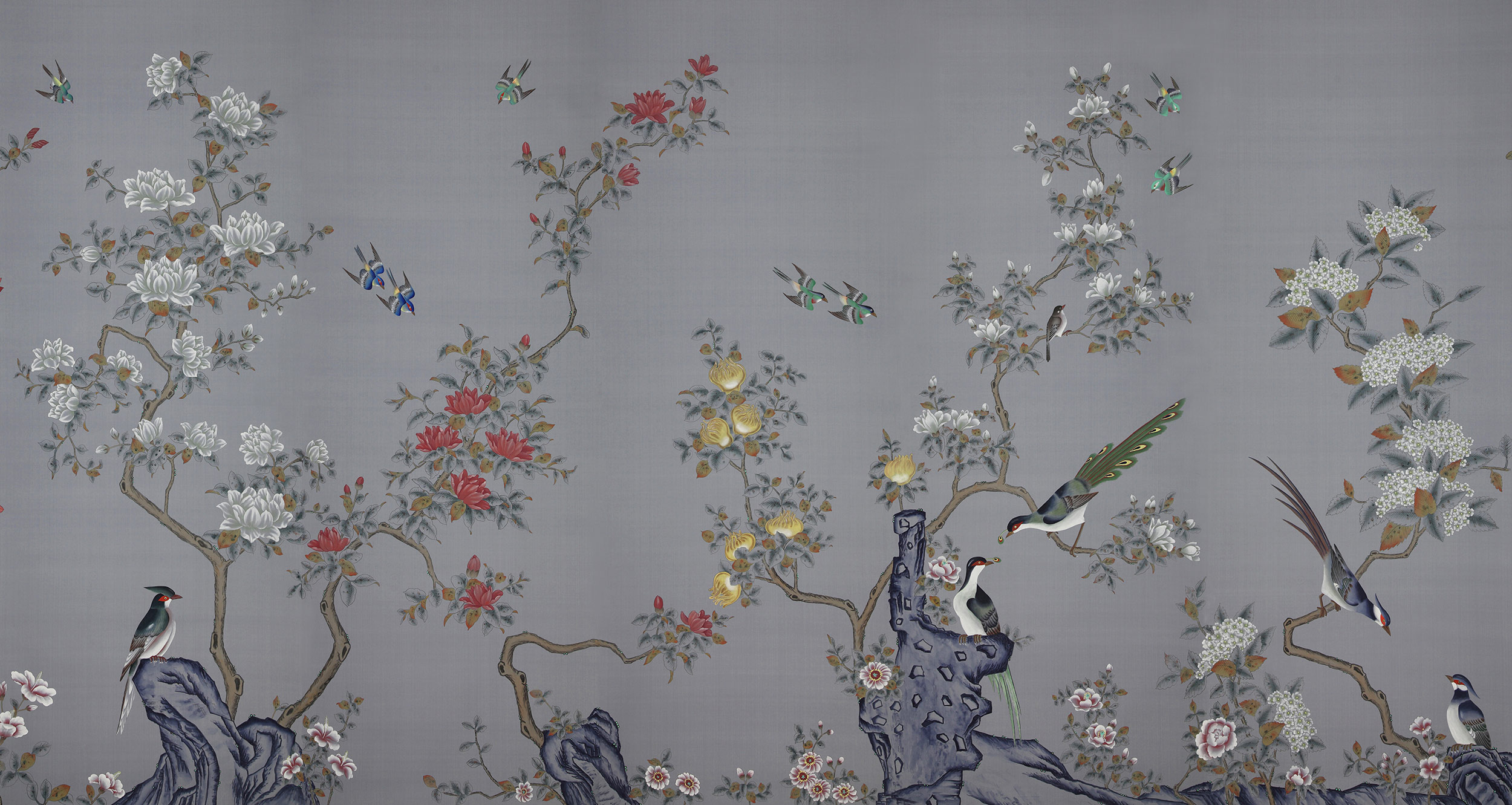Обои ручная роспись Japanese Garden Original colourway on Gun Metal dyed silk Обои ручная роспись Japanese Garden Original colourway on Gun Metal dyed silk - постер Loft-Concept в Костроме