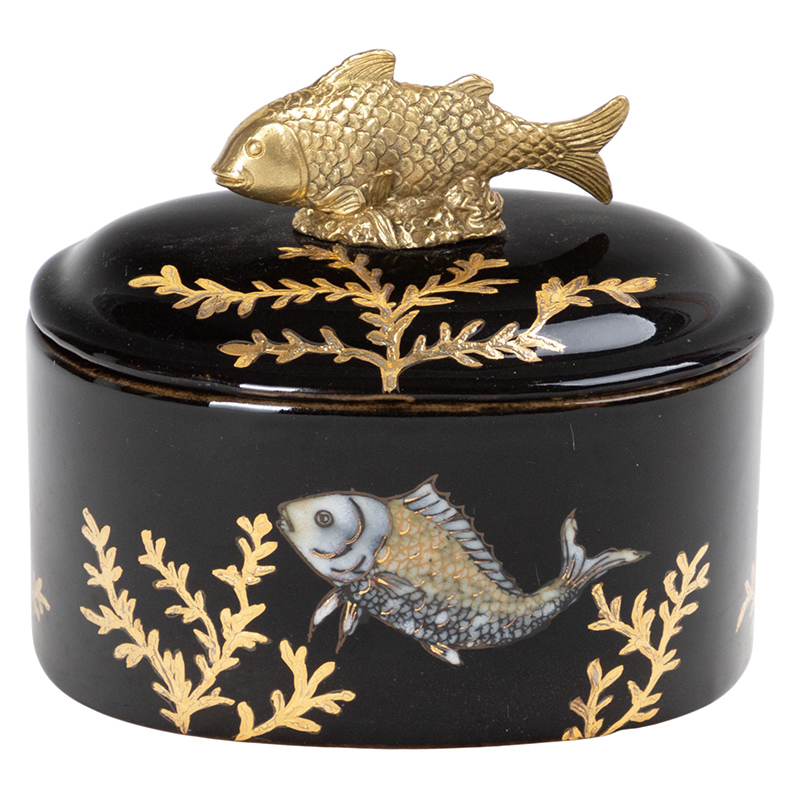 Шкатулка черная фарфоровая Золотая Рыбка Gold fish Черный Золотой в Костроме | Loft Concept 