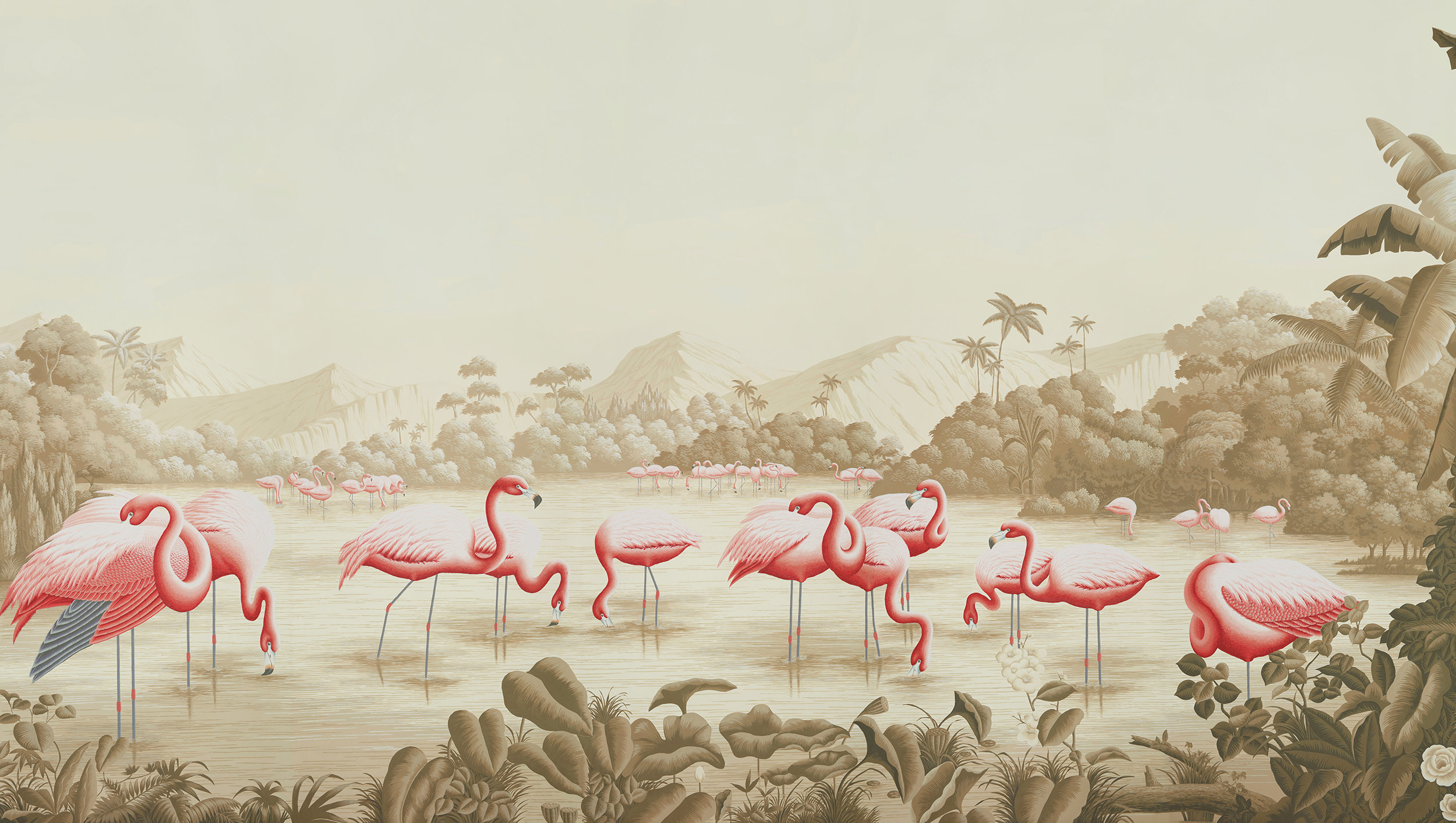 Обои ручная роспись Flamingos Flamingo on Sepia scenic paper Обои ручная роспись Flamingos Flamingo on Sepia scenic paper - постер Loft-Concept в Костроме