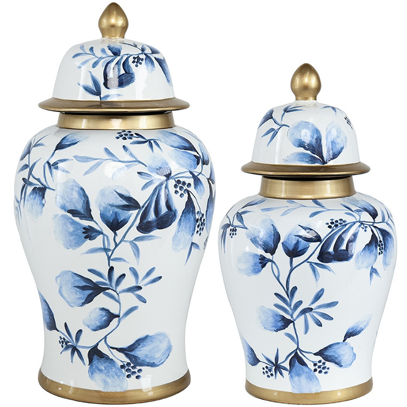 Ваза с крышкой Blue Plant Vase Золотой Белый Синий Ваза с крышкой Blue Plant Vase Золотой Белый Синий в Костроме | Loft Concept