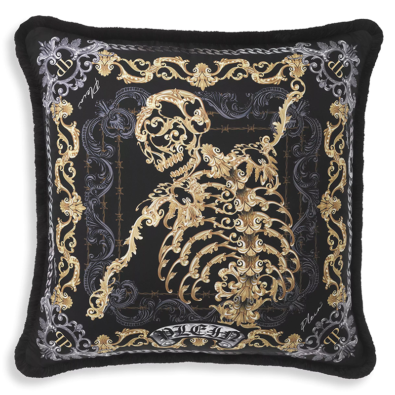 Подушка Philipp Plein Cushion Silk Skeleton 70 x 70 cm Черный Золотой Серый Подушка Philipp Plein Cushion Silk Skeleton 70 x 70 cm Черный Золотой Серый в Костроме | Loft Concept