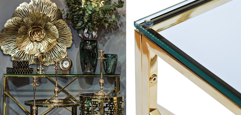 Консоль Serene Furnishing Gold Clear Glass Top Console Консоль Serene Furnishing Gold Clear Glass Top Console - Loft-Concept в Костроме