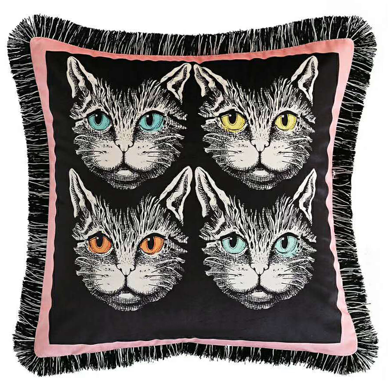 Декоративная подушка с вышивкой Cтиль Gucci Four Cats Черный Розовый Белый Декоративная подушка с вышивкой Cтиль Gucci Four Cats Черный Розовый Белый в Костроме | Loft Concept
