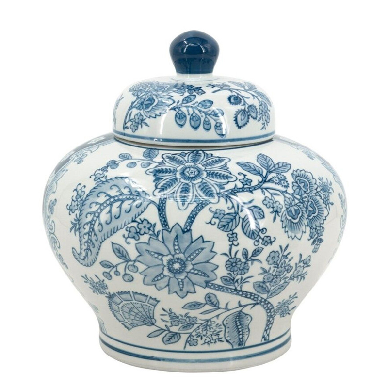 Ваза с крышкой и синим узором в виде цветов и листьев Blue & White Ornament Белый Синий Ваза с крышкой и синим узором в виде цветов и листьев Blue & White Ornament Белый Синий в Костроме | Loft Concept