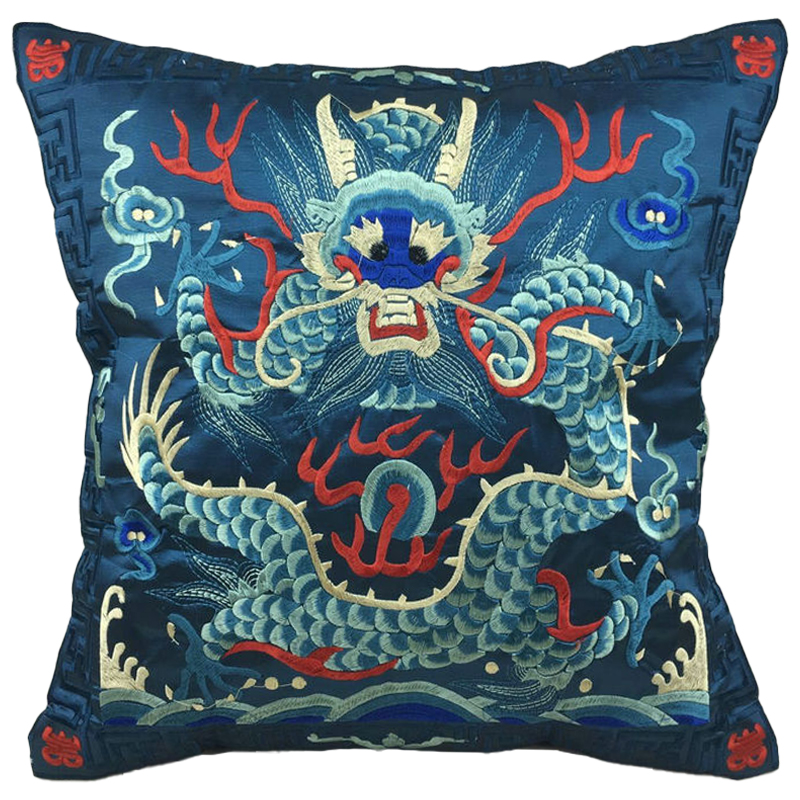 Декоративная подушка с вышивкой Chinese Dragon Blue Мульти Синий Декоративная подушка с вышивкой Chinese Dragon Blue Мульти Синий в Костроме | Loft Concept