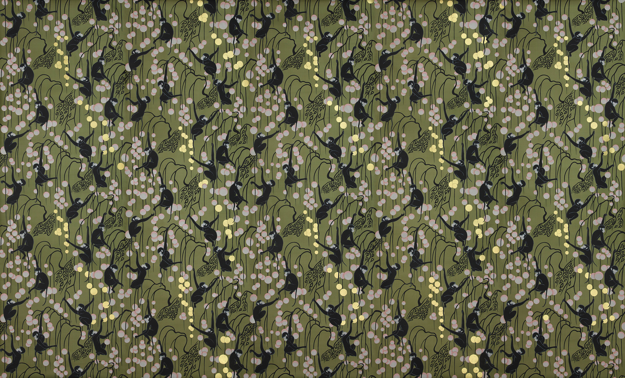 Обои ручная роспись Deco Monkeys Special Colourway on Olive dyed silk Обои ручная роспись Deco Monkeys Special Colourway on Olive dyed silk - постер Loft-Concept в Костроме