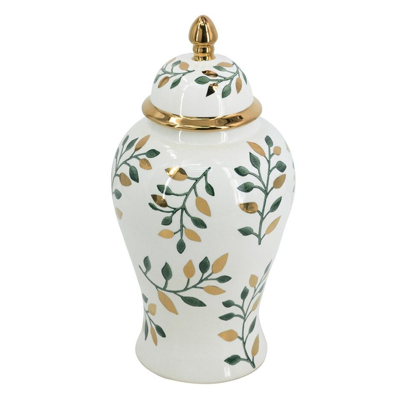 Ваза белая с крышкой с рисунком зеленых и золотых листьев 40 см Chinoiserie Ceramics Белый Зеленый Золотой Ваза белая с крышкой с рисунком зеленых и золотых листьев 40 см Chinoiserie Ceramics Белый Зеленый Золотой в Костроме | Loft Concept