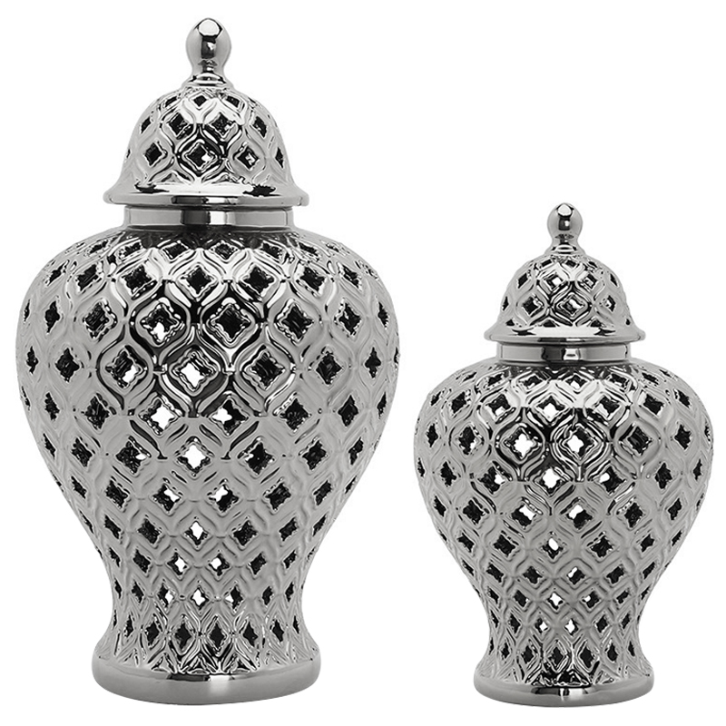 Ваза с крышкой Ceramic Silver Carving Vase Серебряный Ваза с крышкой Ceramic Silver Carving Vase Серебряный в Костроме | Loft Concept