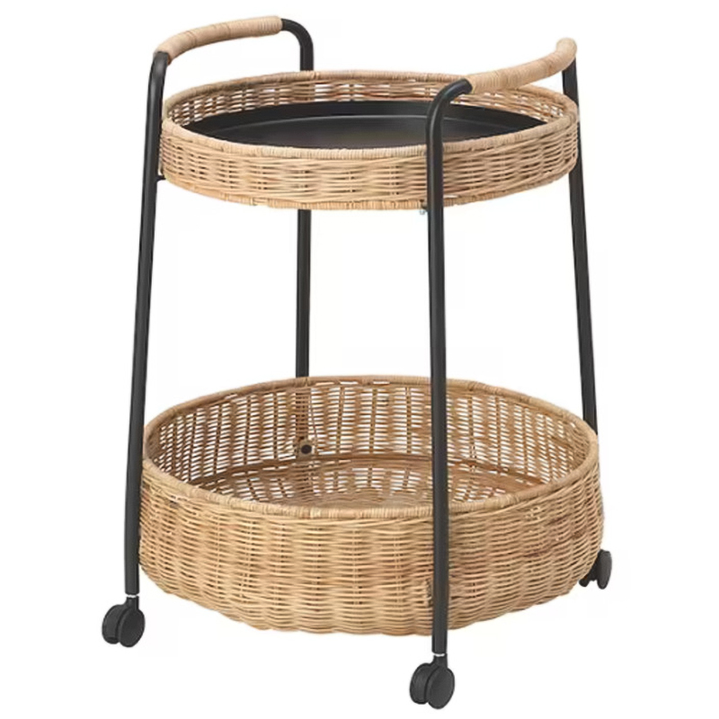 Приставной столик на колесах Roy Wicker Round Side Table Черный Древесина Приставной столик на колесах Roy Wicker Round Side Table Черный Древесина в Костроме | Loft Concept