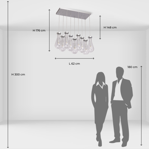 Люстра с 9-ю прозрачными плафонами из стекла в форме капли на прямоугольном потолочном основании цвета хром Lucid Rain  в Костроме