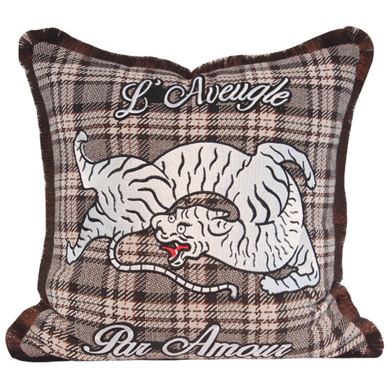 Декоративная подушка с вышивкой Стиль Gucci Plaid Print Tiger Cushion Коричневый Бежевый Красный Декоративная подушка с вышивкой Стиль Gucci Plaid Print Tiger Cushion Коричневый Бежевый Красный в Костроме | Loft Concept