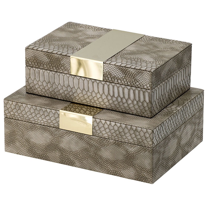 Комплект шкатулок Imitation Snakeskin Boxes Бежево-серый Глянцевое золото Комплект шкатулок Imitation Snakeskin Boxes Бежево-серый Глянцевое золото в Костроме | Loft Concept