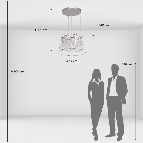 Люстра с 7-ю прозрачными плафонами из стекла в форме капли на круглом потолочном основании цвета хром Lucid Rain  в Костроме