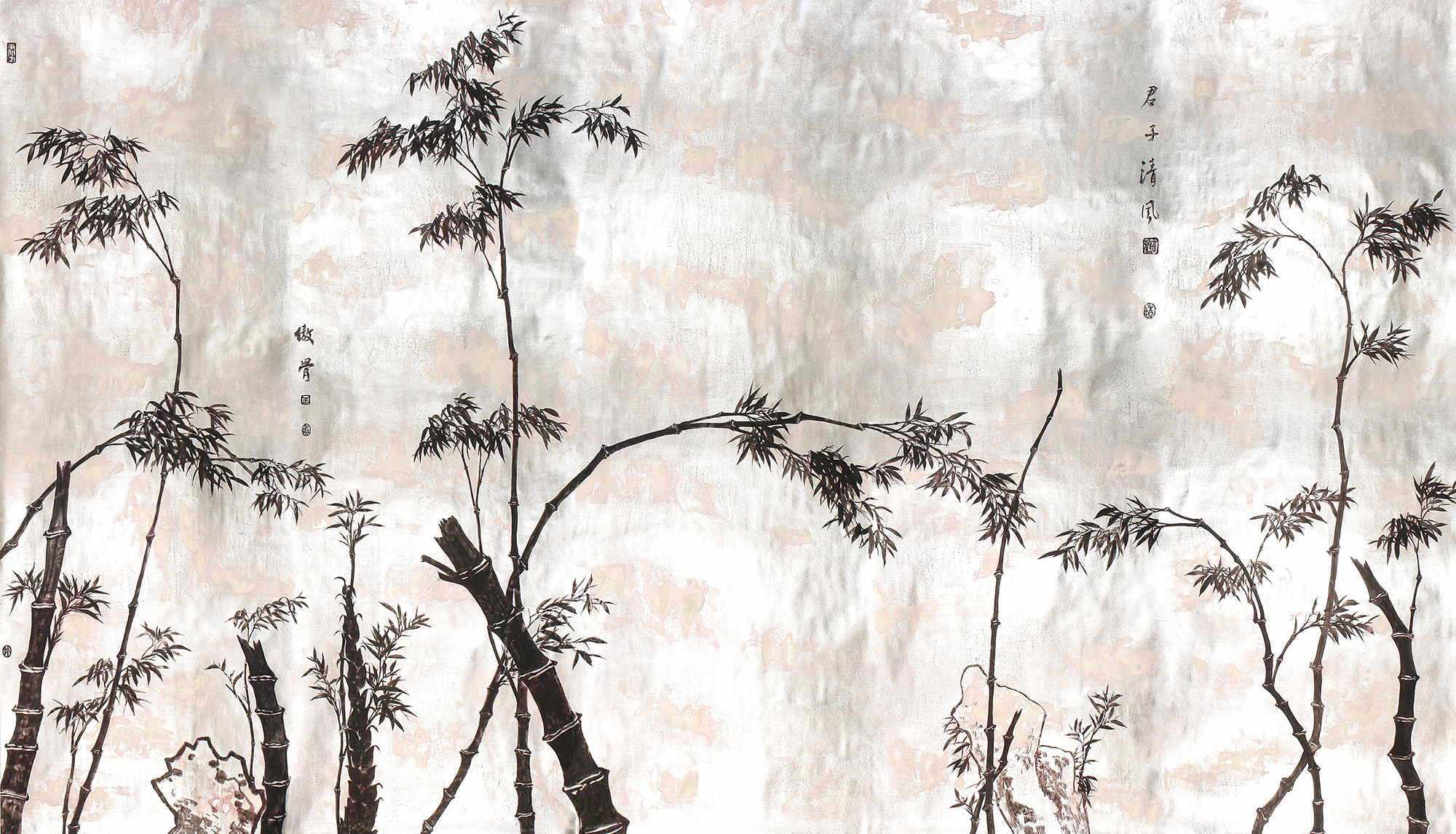 Обои ручная роспись Bamboo Quicksilver on Tarnished Silver gilded paper Обои ручная роспись Bamboo Quicksilver on Tarnished Silver gilded paper - постер Loft-Concept в Костроме