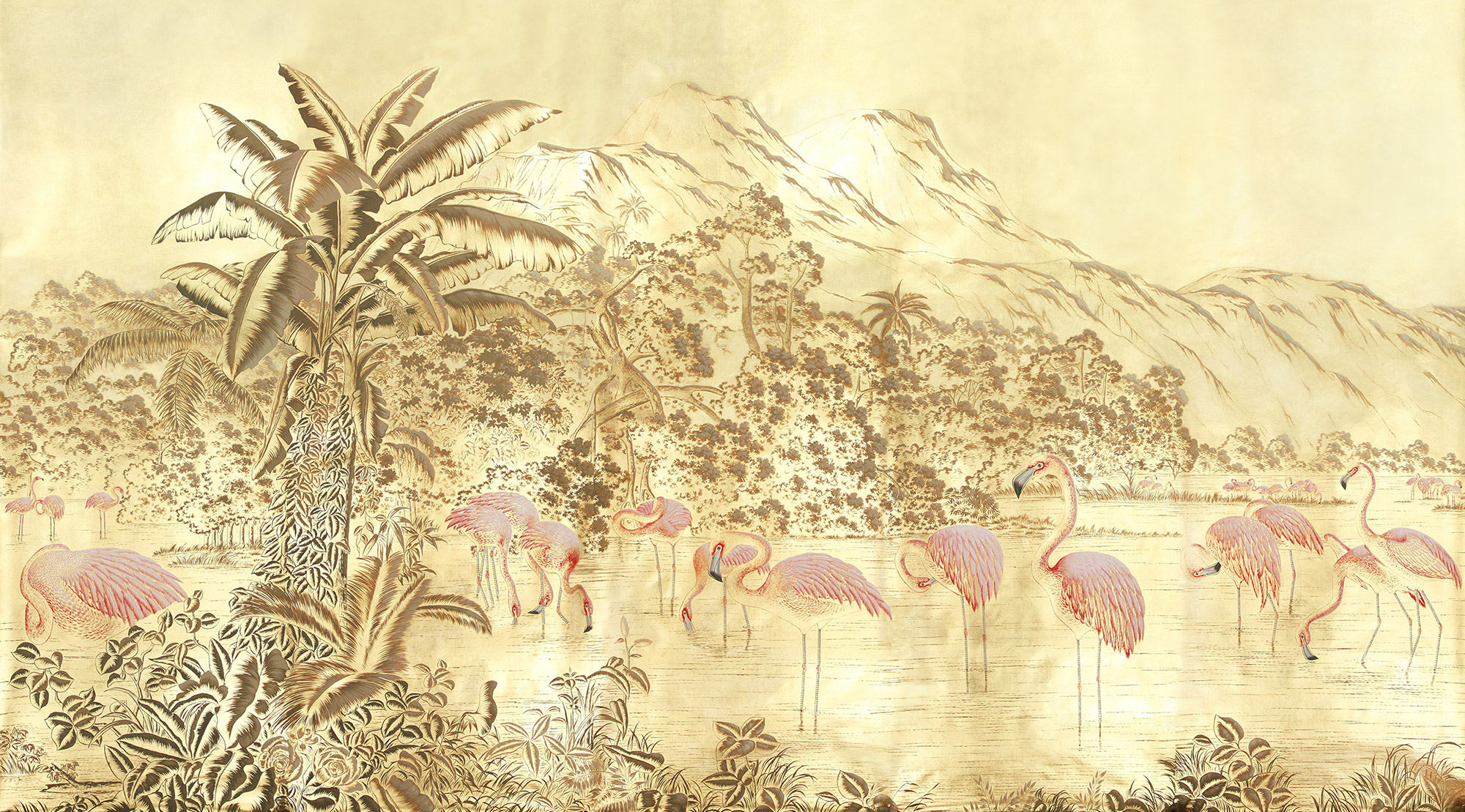 Обои ручная роспись Flamingos Flamingo on Deep Rich Gold gilded paper Обои ручная роспись Flamingos Flamingo on Deep Rich Gold gilded paper - постер Loft-Concept в Костроме