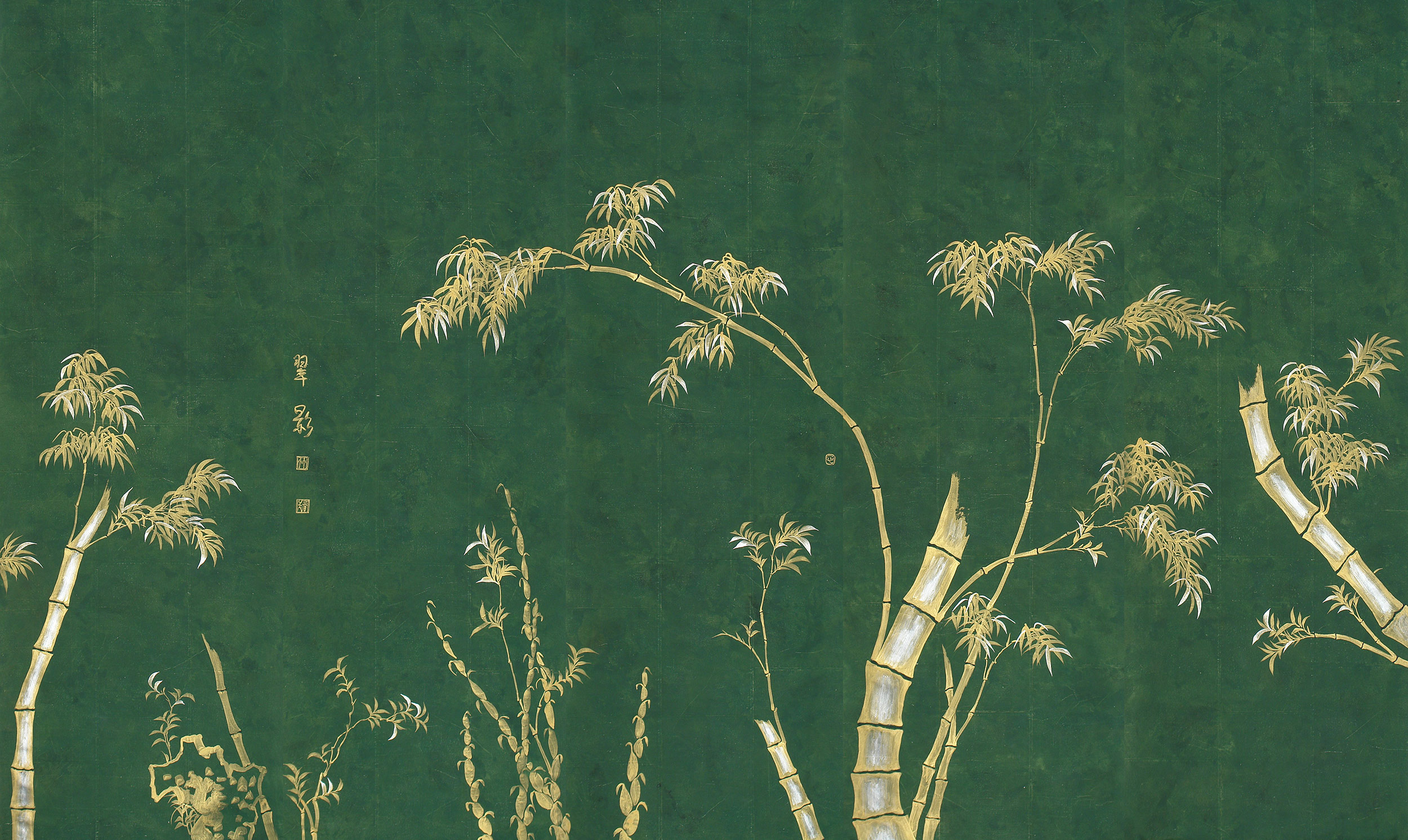 Обои ручная роспись Bamboo Golden on Edo Green India tea paper Обои ручная роспись Bamboo Golden on Edo Green India tea paper - постер Loft-Concept в Костроме