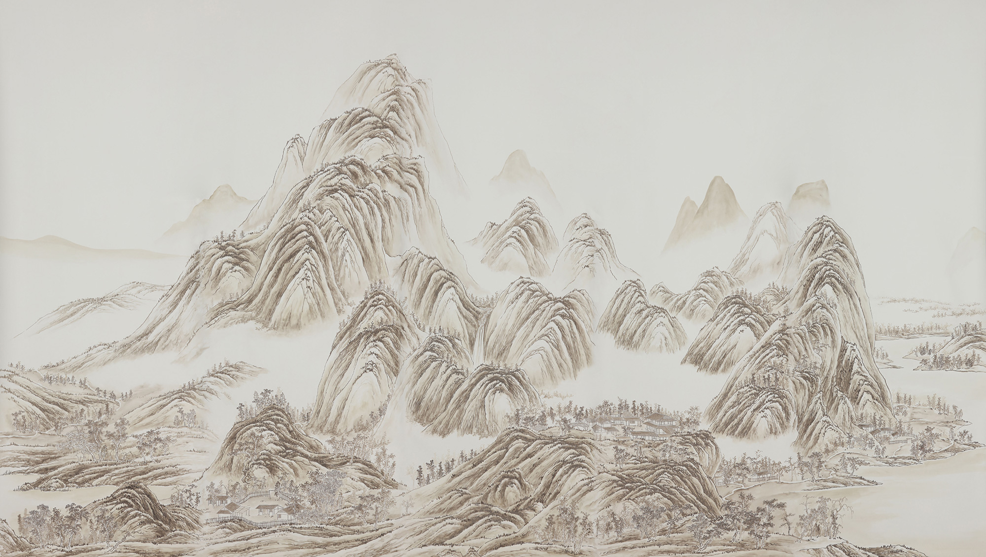 Обои ручная роспись A Thousand Li of Rivers and Mountains Special Colourway on Bleached White dyed silk 2 Обои ручная роспись A Thousand Li of Rivers and Mountains Special Colourway on Bleached White dyed silk 2 - постер Loft-Concept в Костроме