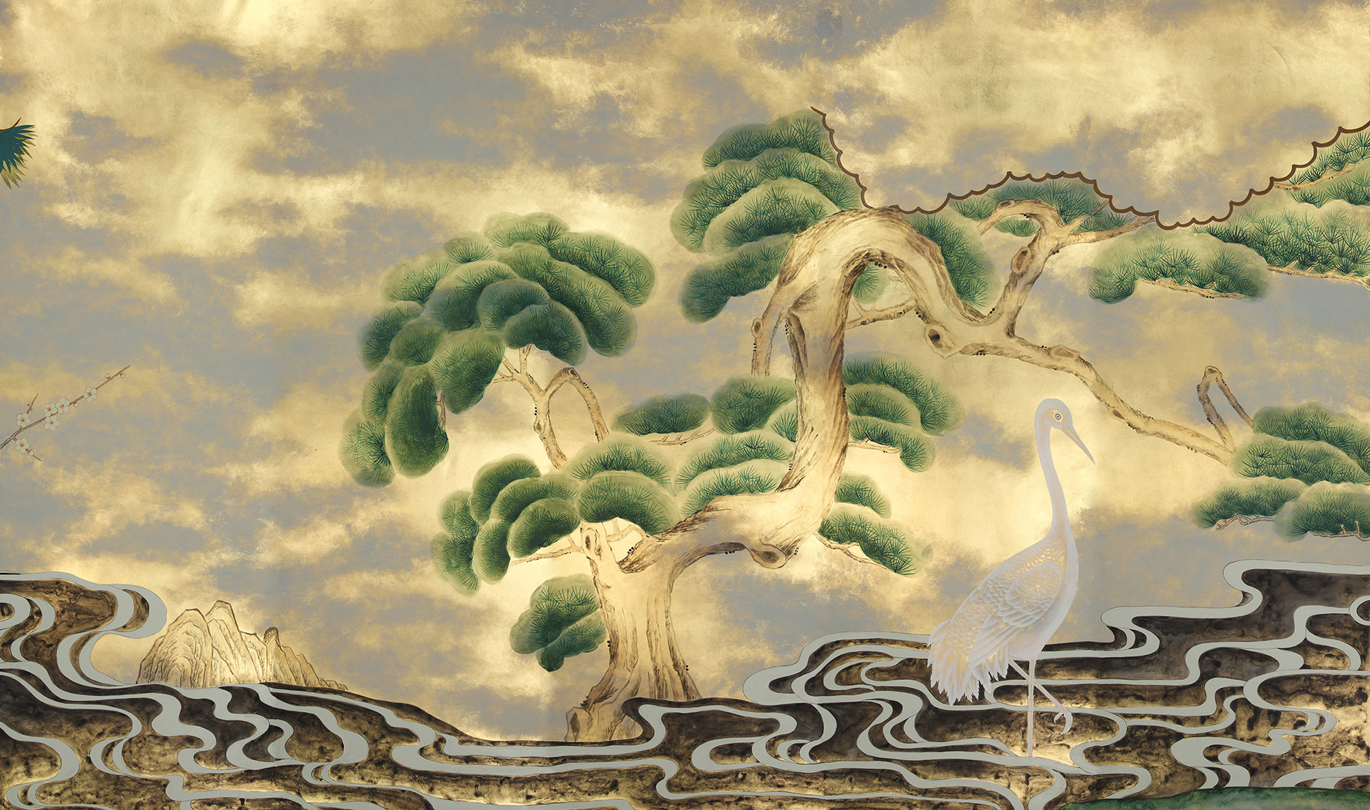 Обои ручная роспись Bamboo River Blossom Original colourway on Deep Rich Gold gilded paper with pearlescent antiquing Обои ручная роспись Bamboo River Blossom Original colourway on Deep Rich Gold gilded paper with pearlescent antiquing - постер Loft-Concept в Костроме