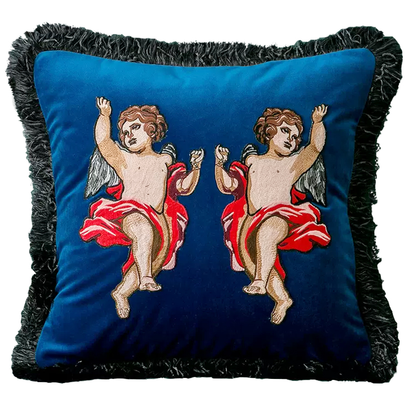 Декоративная подушка с вышивкой Стиль Gucci Angels Cushion Blue Синий Мульти Декоративная подушка с вышивкой Стиль Gucci Angels Cushion Blue Синий Мульти в Костроме | Loft Concept