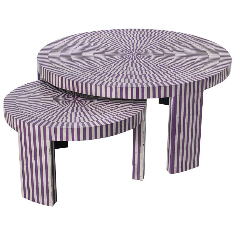 Комплект столиков Bone Inlay Round Violet Фиолетовый Белый Комплект столиков Bone Inlay Round Violet Фиолетовый Белый в Костроме | Loft Concept