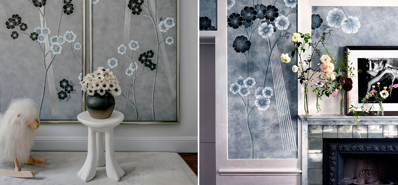 Обои ручная роспись Anemones in Light Dusk colourway on Smoke painted Xuan paper - фото №1