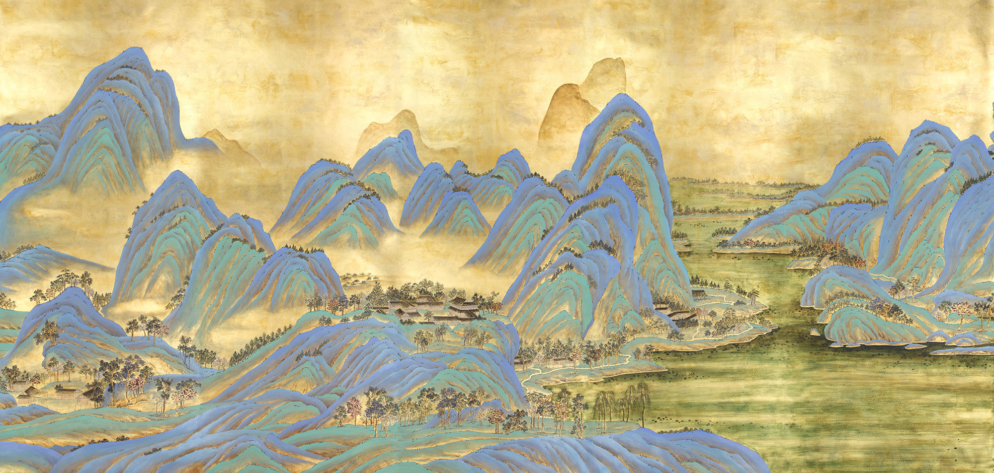 Обои ручная роспись A Thousand Li of Rivers and Mountains Original colourway on Deep Rich Gold gilded paper with gold pearlescent antiquing Обои ручная роспись A Thousand Li of Rivers and Mountains Original colourway on Deep Rich Gold gilded paper with gold pearlescent antiquing - постер Loft-Concept в Костроме