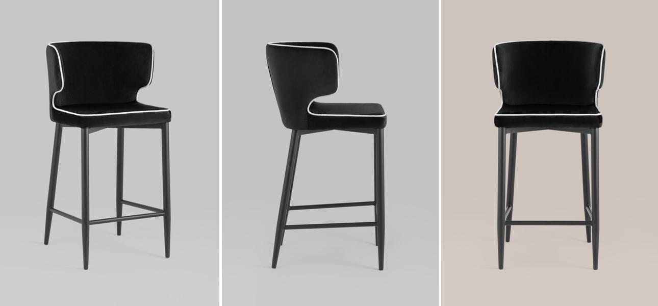 Стул Полубарный Chair посадка 65 см Черный Велюр с Белым кантом - фото