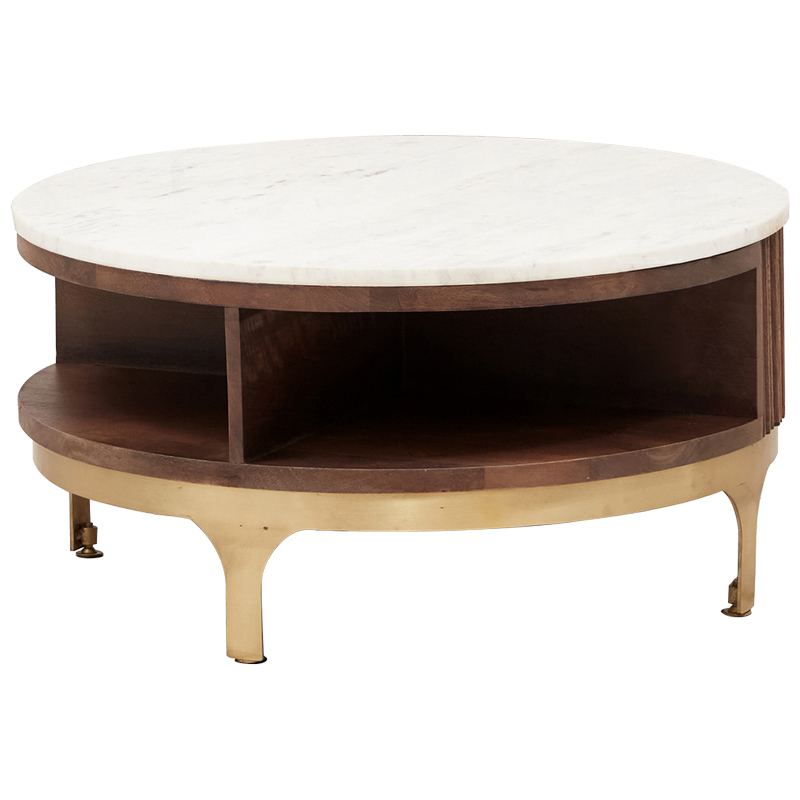 Круглый кофейный стол Sadie Round Coffee Table Белый Коричневый Латунь Круглый кофейный стол Sadie Round Coffee Table Белый Коричневый Латунь в Костроме | Loft Concept