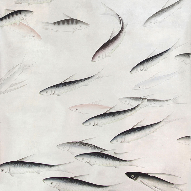 Обои ручная роспись Fishes Blue Pearl on Tarnished Silver gilded silk with pearlescent antiquing Обои ручная роспись Fishes Blue Pearl on Tarnished Silver gilded silk with pearlescent antiquing в Костроме | Loft Concept